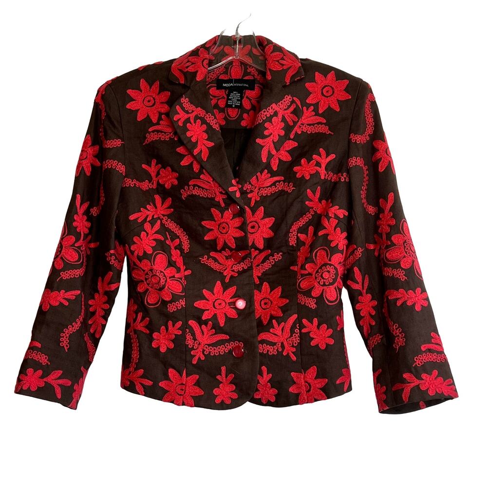Moda International 100% Linen Embroidered Button Front Jacket Brown Pink Womens